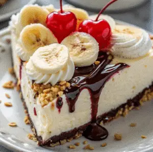 No-bake Banana Split Cheesecake topped with strawberries, bananas, chocolate drizzle, and whipped cream"