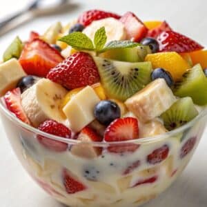 Bowl of creamy fruit salad with bananas, kiwi, strawberries, and mango in a sweet yogurt dressing