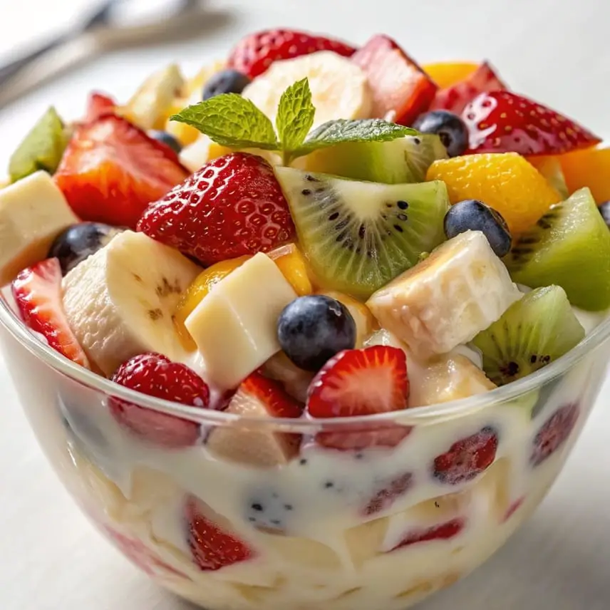 Bowl of creamy fruit salad with bananas, kiwi, strawberries, and mango in a sweet yogurt dressing