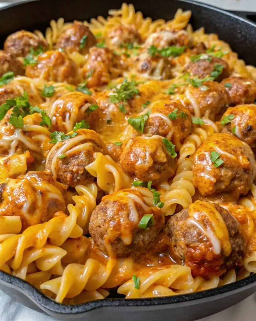 BBQ Ranch Meatball Cheddar Pasta Skillet 3