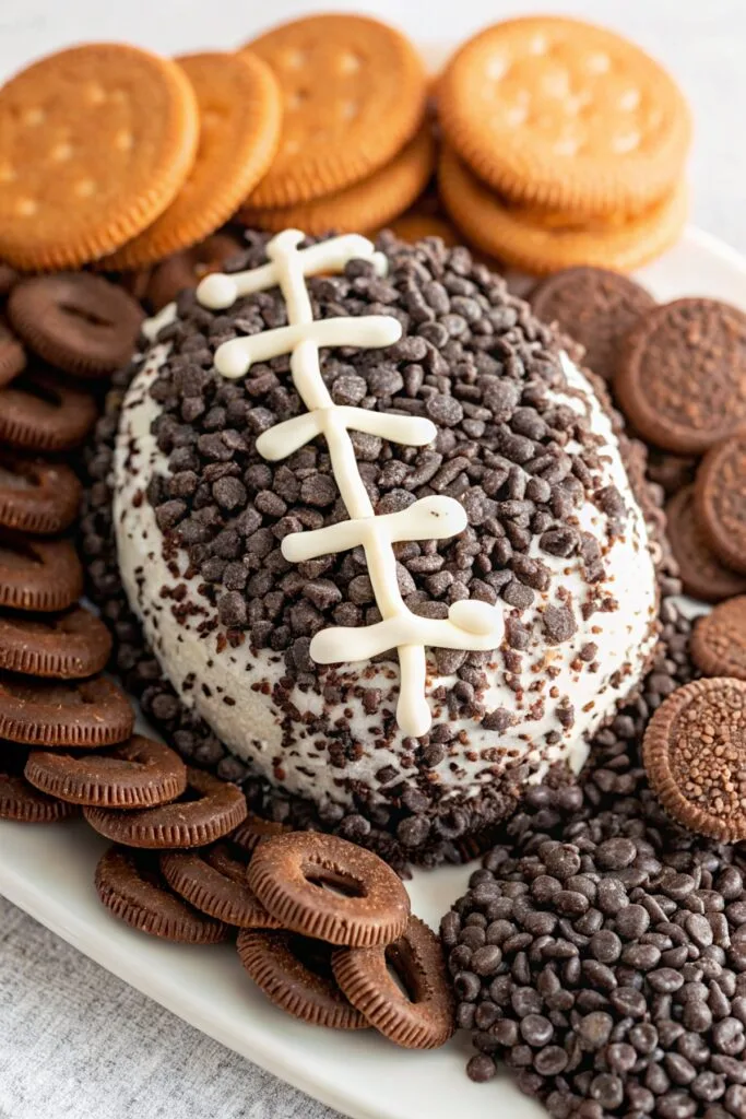 Oreo Cookies and Cream Cheese Ball (American Classic Party Dessert) 2 oreo cheeseball football shaped 1