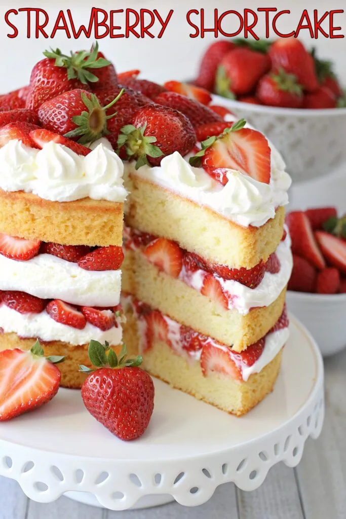 strawberry shortcake cake recipe on white cake stand with text overlay 3