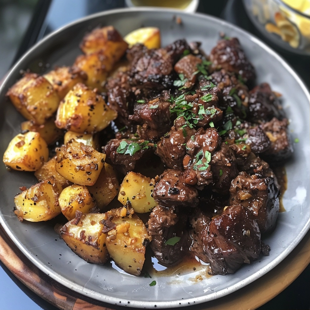 Slow Cooker Garlic Butter Beef Bites with Potatoes