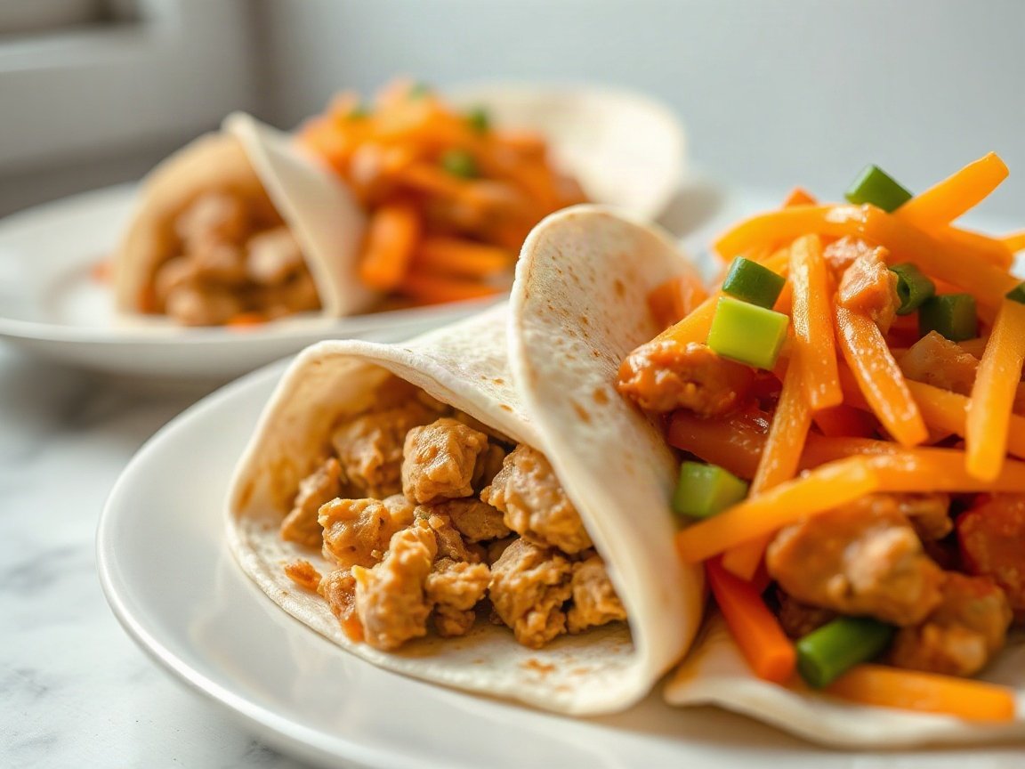 Buffalo Chicken Burrito Meal Prep for Two 5 Buffalo Chicken Burritos for Two (Meal Prep) plated as two servings, close-up