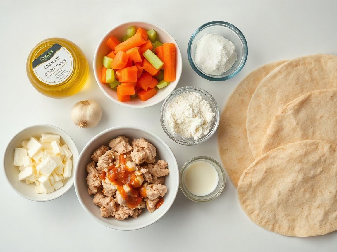 Buffalo Chicken Burrito Meal Prep for Two 4 Ingredients for Buffalo Chicken Burritos for Two (Meal Prep): olive oil, onion, carrot, celery, ground chicken, garlic powder, salt, cottage cheese, cheddar cheese, hot sauce, water and flour tortillas