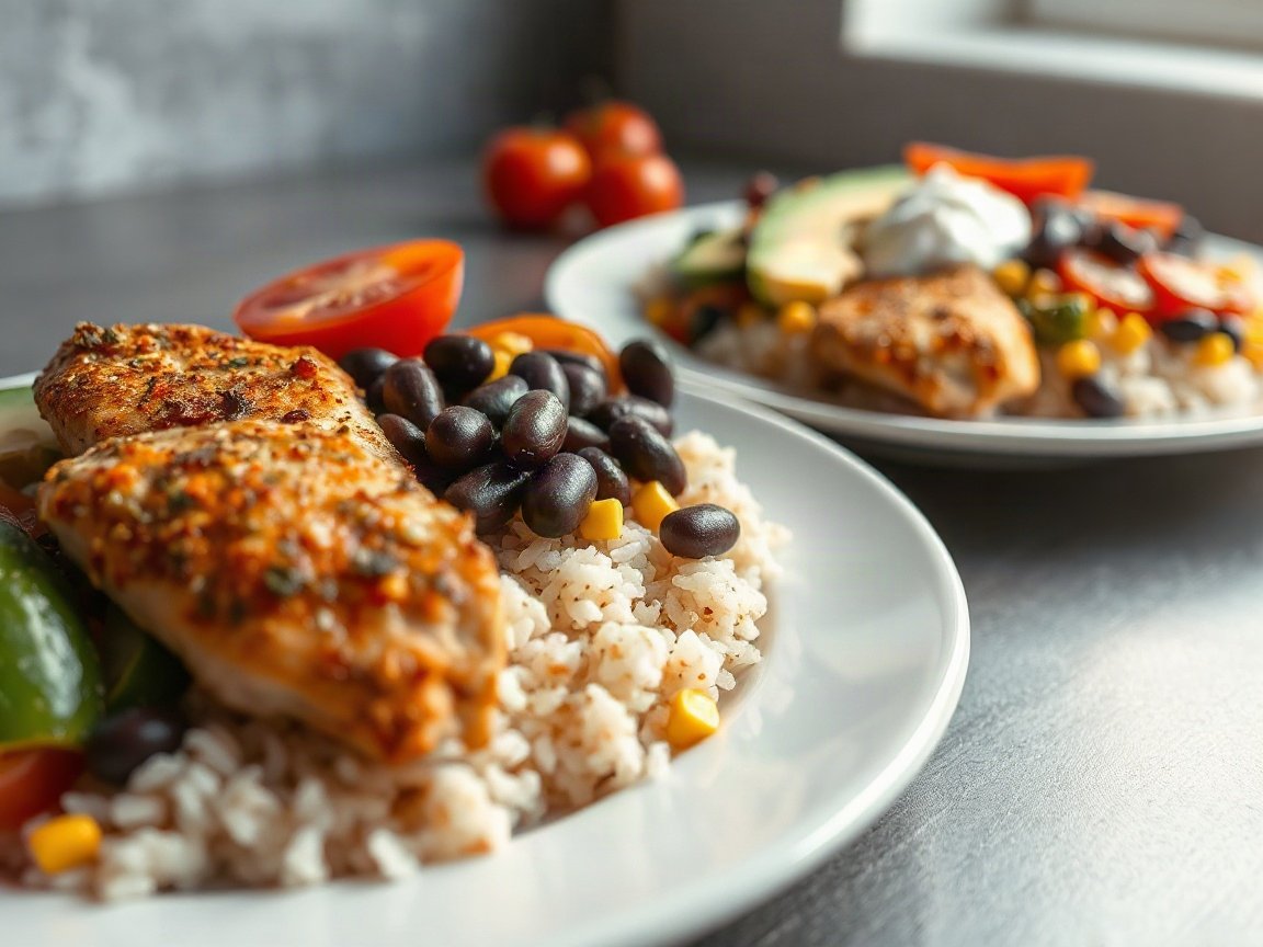 Chicken Burrito Bowl Meal Prep plated as two servings, close-up