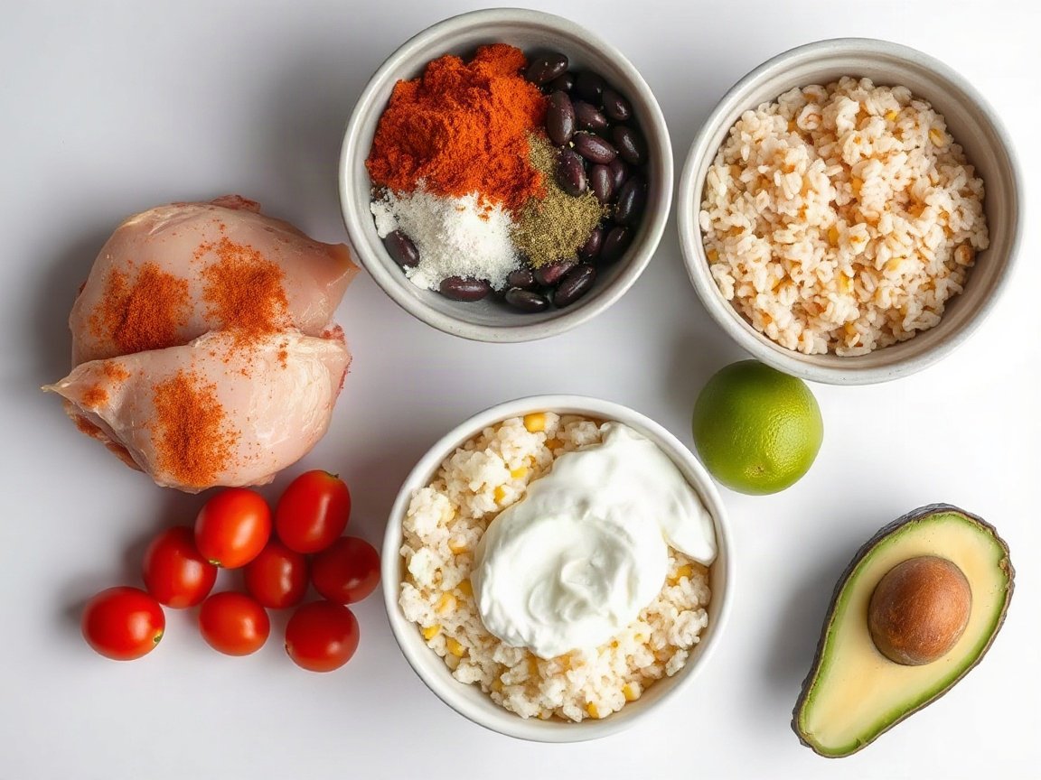Ingredients for Chicken Burrito Bowl Meal Prep: chicken breast, ground cumin, paprika, onion powder, dried oregano, salt, chili powder, olive oil, cooked rice, black beans, corn, grape tomatoes, Greek yogurt, chipotle in adobo, lime juice and avocado