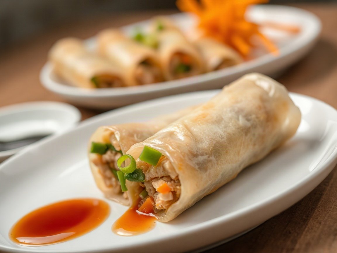 Chicken Spring Rolls plated as two servings, close-up