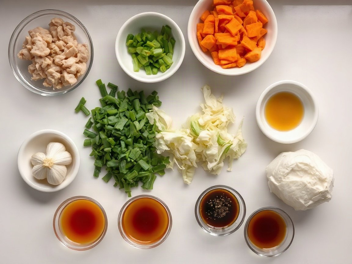Ingredients for Chicken Spring Rolls: ground chicken, neutral oil, garlic, ginger, green onions, cabbage, carrot, soy sauce, oyster sauce, toasted sesame oil, black pepper, spring roll wrappers, cornstarch and sweet chili sauce