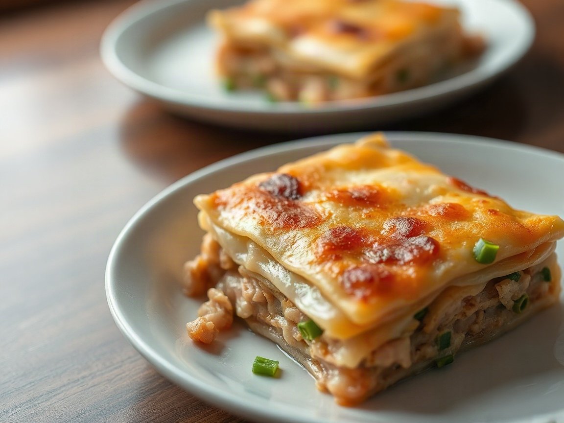 Dumpling Lasagna for Two (Easy Oven Method) 5 Dumpling Lasagna plated as two servings, close-up