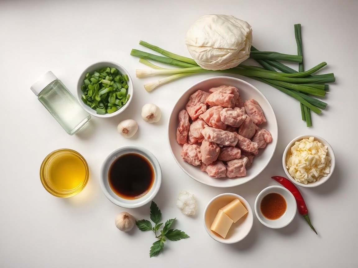 Dumpling Lasagna for Two (Easy Oven Method) 4 Ingredients for Dumpling Lasagna: neutral oil, ground pork, napa cabbage, green onions, garlic, fresh ginger, soy sauce, oyster sauce, sesame oil, salt, sugar, water, wonton wrappers and chili crisp