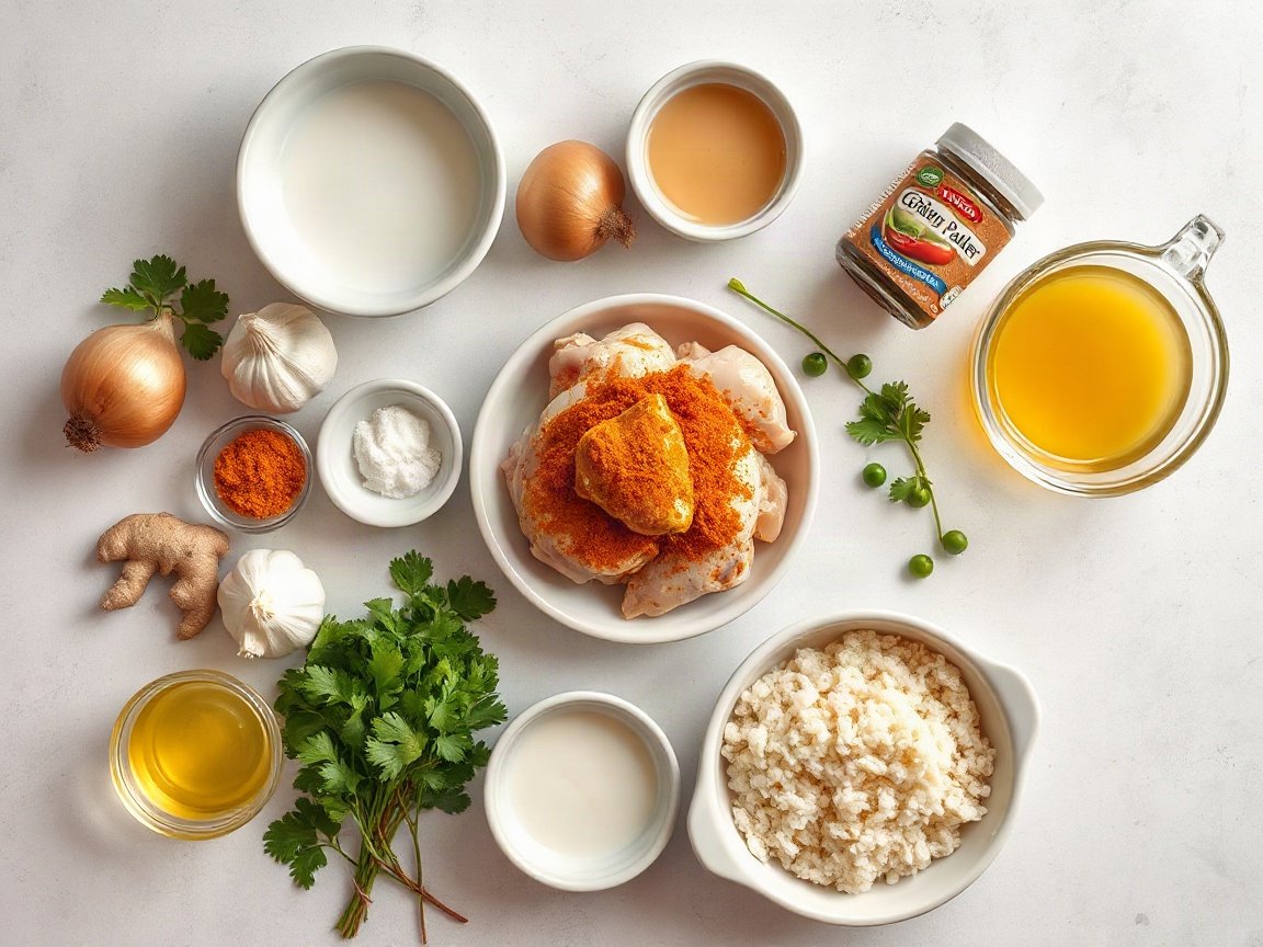Easy Chicken Curry with Curry Powder (for Two) 4 Ingredients for Easy Chicken Curry for Two (with Curry Powder): neutral oil, onion, garlic, ginger, chicken thighs, curry powder, tomato paste, coconut milk, chicken broth, salt, frozen peas, cilantro and cooked rice