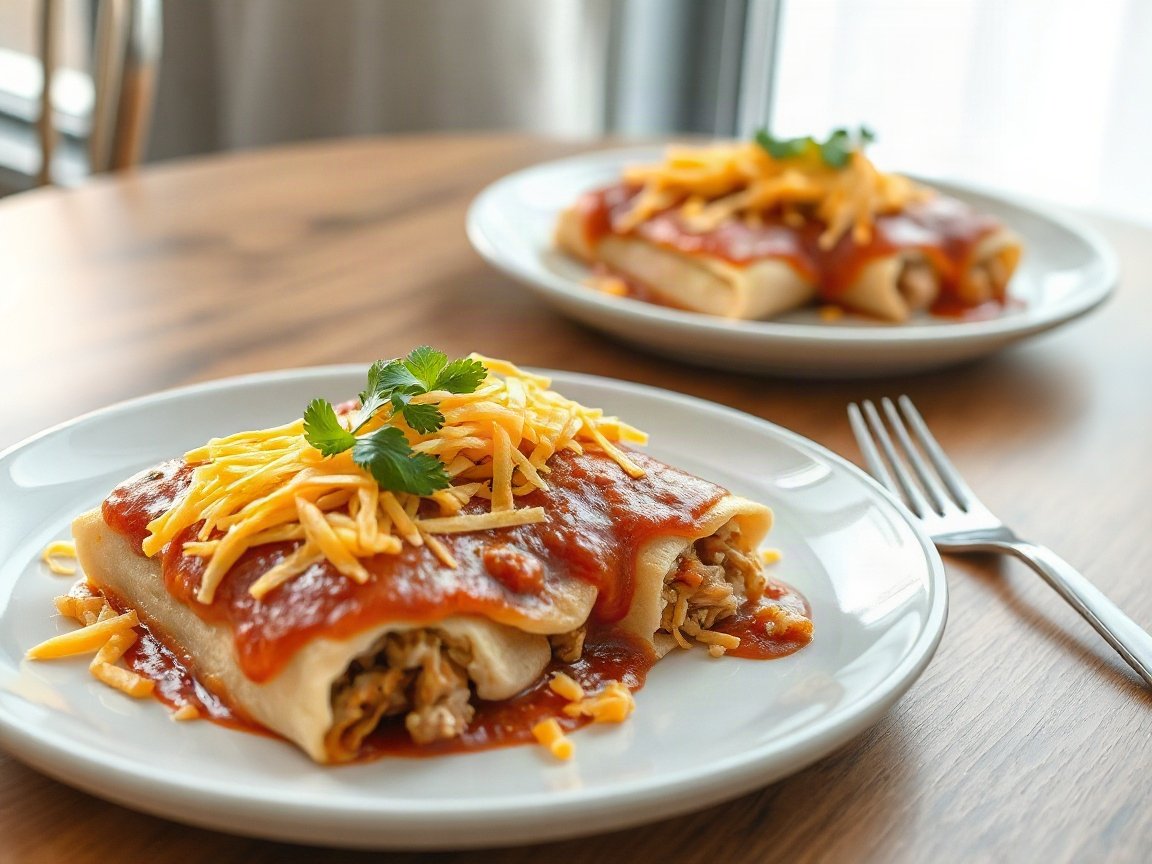 Easy Chicken Enchiladas plated as two servings, close-up
