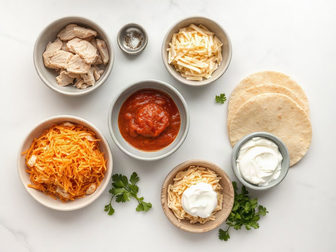 Ingredients for Easy Chicken Enchiladas: cooked shredded chicken, red enchilada sauce, shredded Mexican-blend cheese, corn tortillas, salt and black pepper and sour cream and cilantro