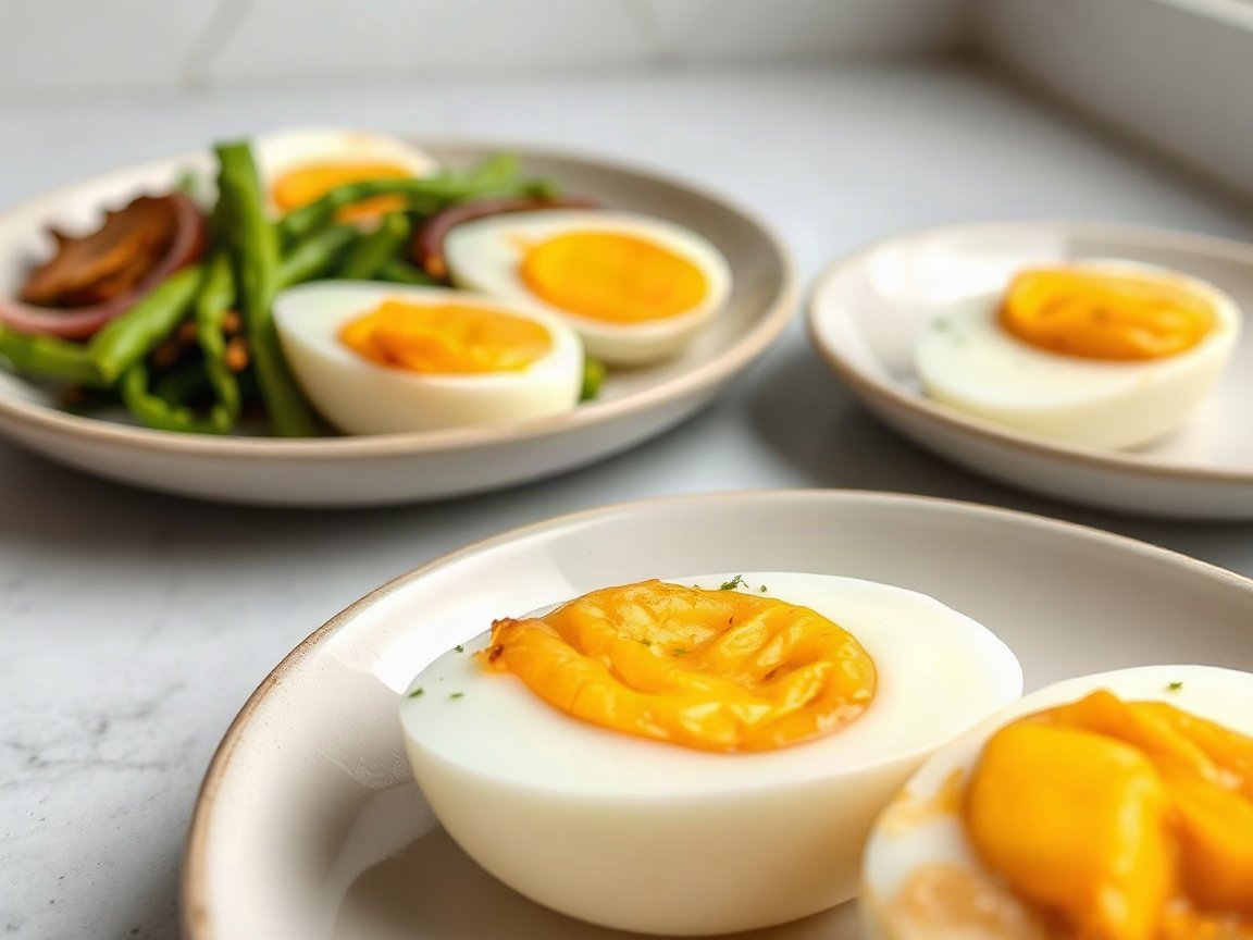 Easy Peel Hard Boiled Eggs plated as two servings, close-up