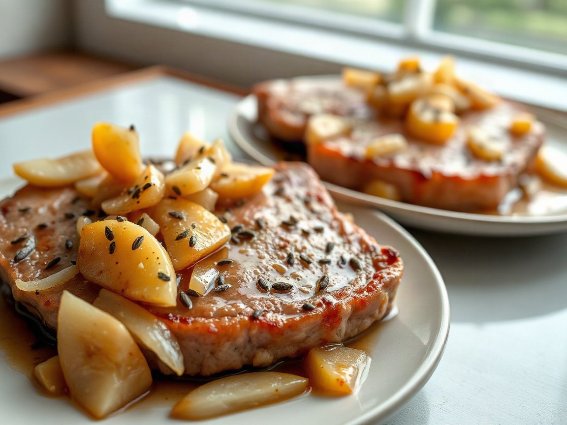 Easy Pork Chops and Sauerkraut plated as two servings, close-up