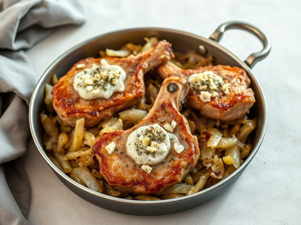 Easy Pork Chops and Sauerkraut, fully cooked and ready to serve for two