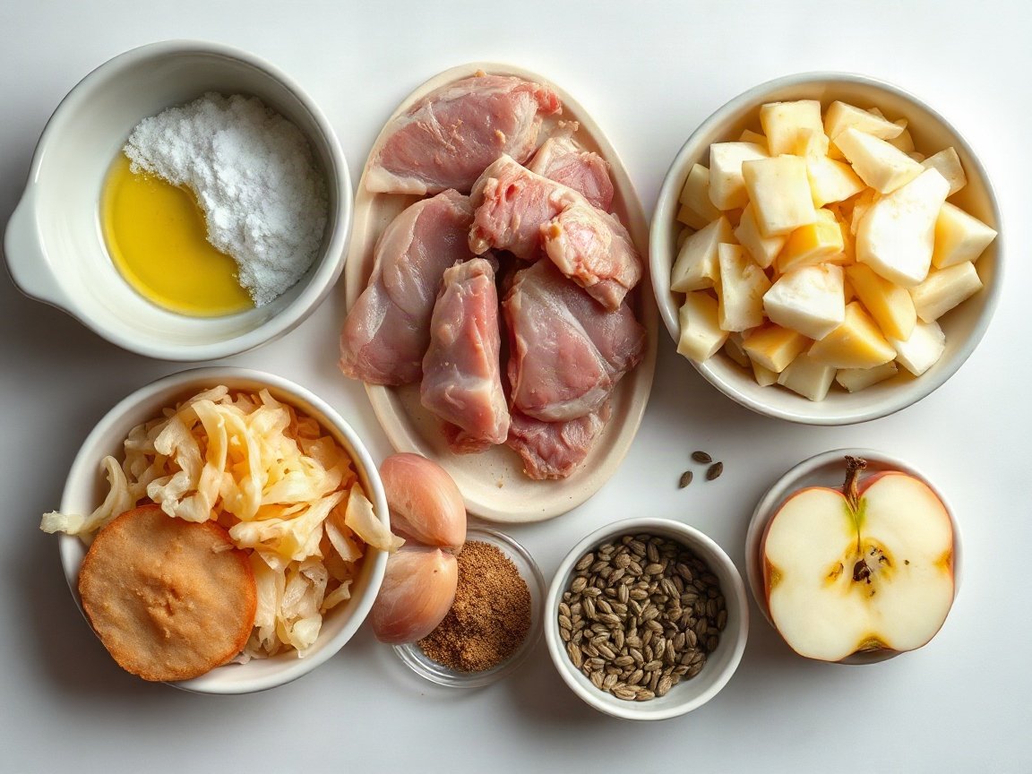 Ingredients for Easy Pork Chops and Sauerkraut: pork chops, salt, black pepper, oil, onion, sauerkraut, apple, brown sugar and caraway seeds