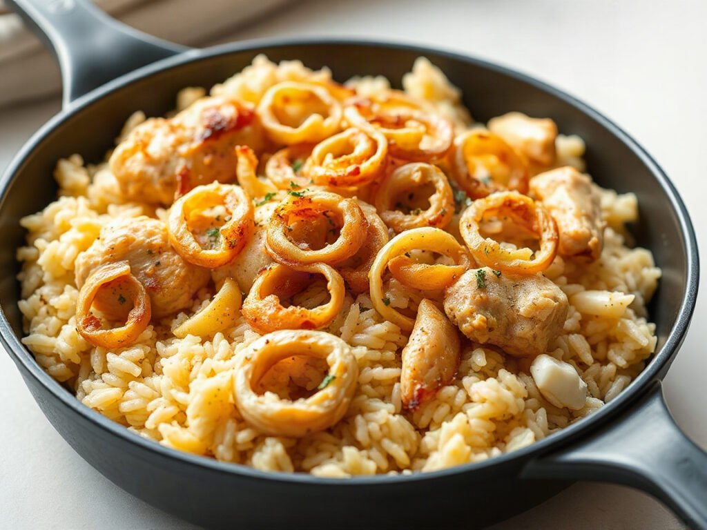 French Onion Chicken and Rice Casserole, fully cooked and ready to serve for two