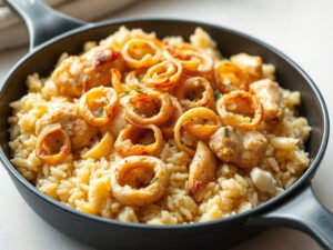 French Onion Chicken and Rice Casserole, fully cooked and ready to serve for two