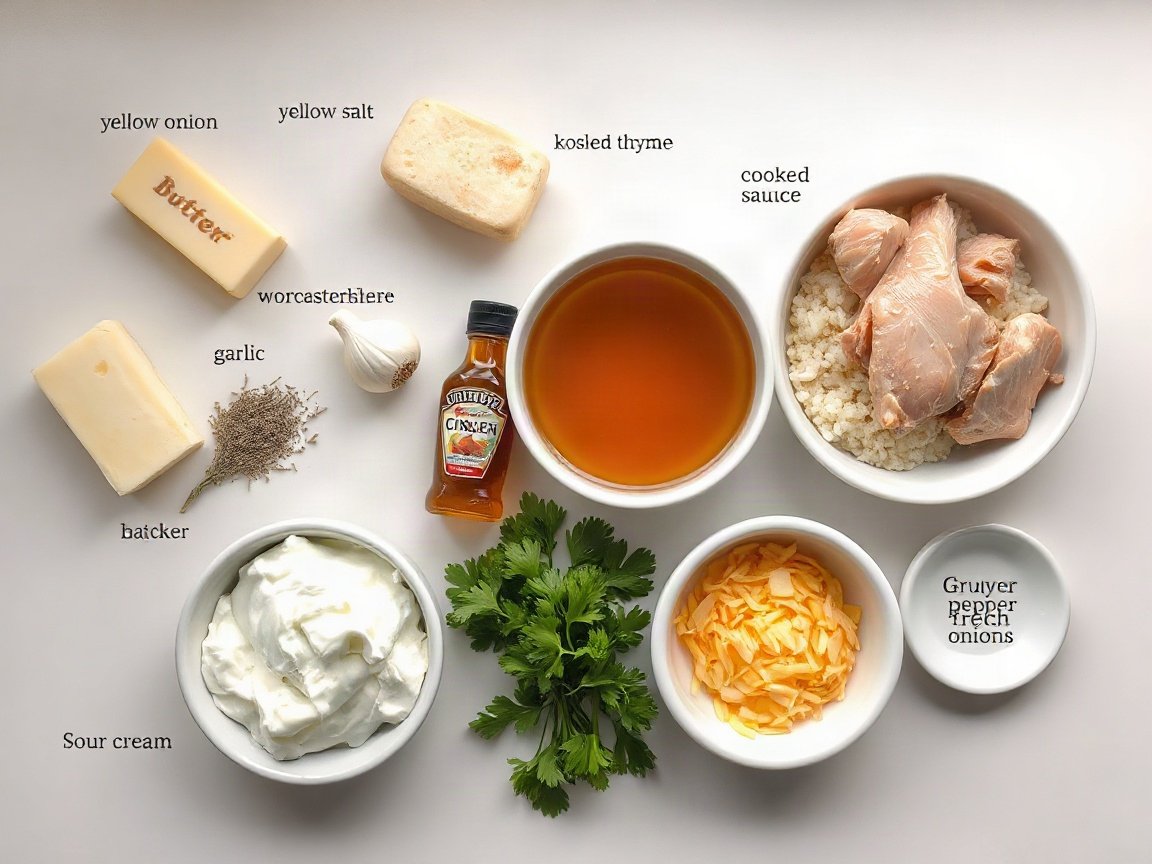 French Onion Chicken Casserole for Two (with Rice) 4 Ingredients for French Onion Chicken and Rice Casserole: butter, yellow onion, kosher salt, garlic, dried thyme, chicken broth, Worcestershire sauce, cooked chicken, cooked rice, sour cream, black pepper, Gruyere cheese, French fried onions and parsley