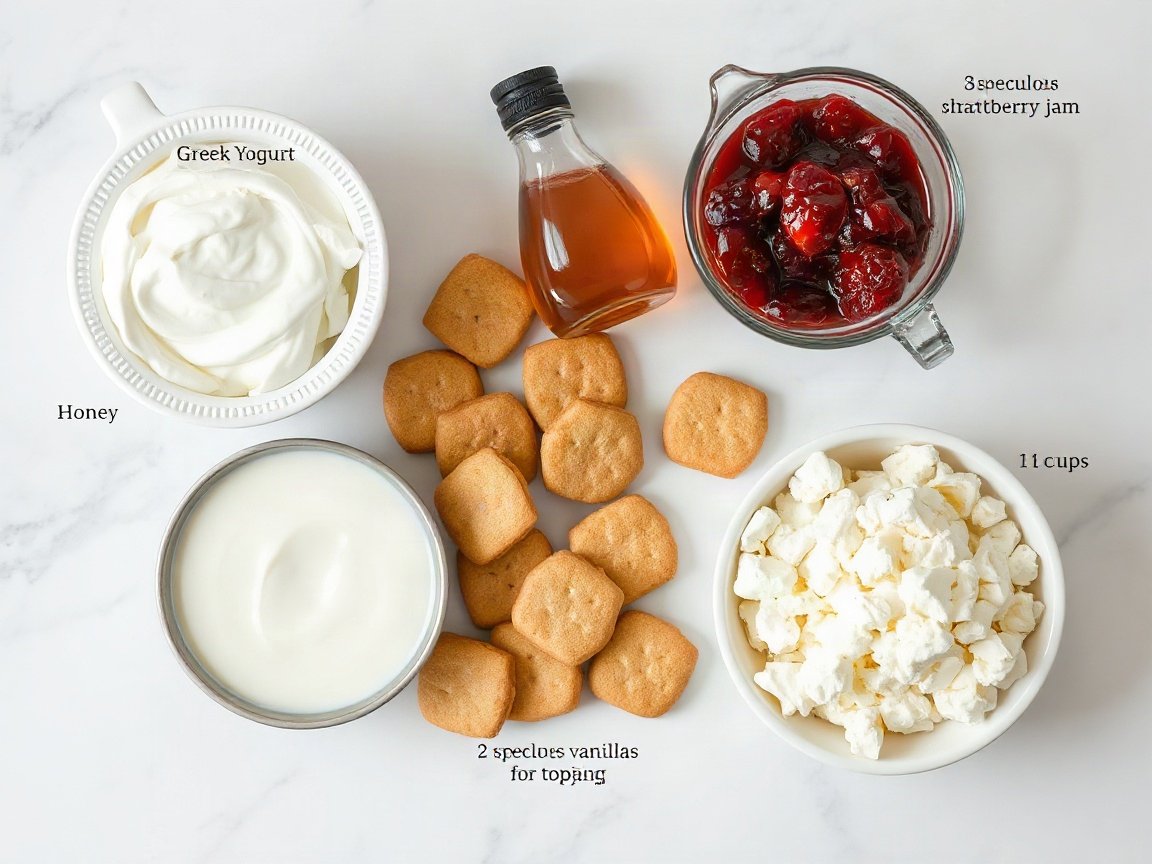 Ingredients for Greek Yogurt Cheesecake: Greek yogurt, honey, vanilla extract, speculoos cookies and strawberry jam