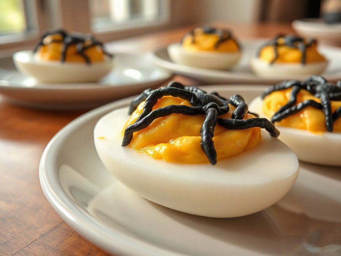 Halloween Hard Boiled Eggs: Spiderweb Deviled Eggs for Two 5 Spiderweb Deviled Eggs plated as two servings, close-up