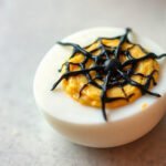 Halloween Hard Boiled Eggs: Spiderweb Deviled Eggs for Two 6 Spiderweb Deviled Eggs, fully cooked and ready to serve for two