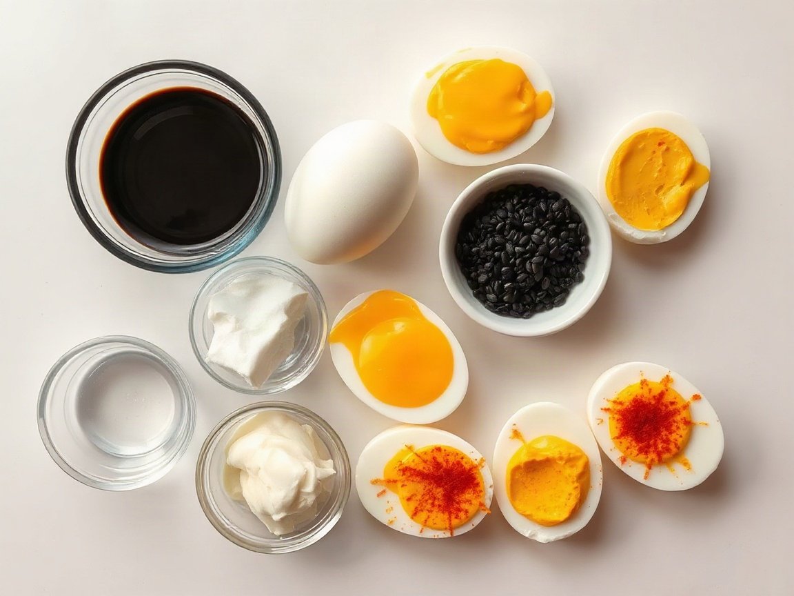 Halloween Hard Boiled Eggs: Spiderweb Deviled Eggs for Two 4 Ingredients for Spiderweb Deviled Eggs: eggs, black gel food coloring, water, mayonnaise, yellow mustard, white vinegar, salt, black pepper, black sesame seeds and paprika