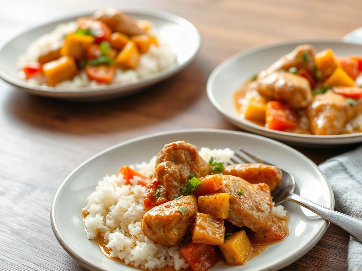 Leftover Chicken Curry plated as two servings, close-up