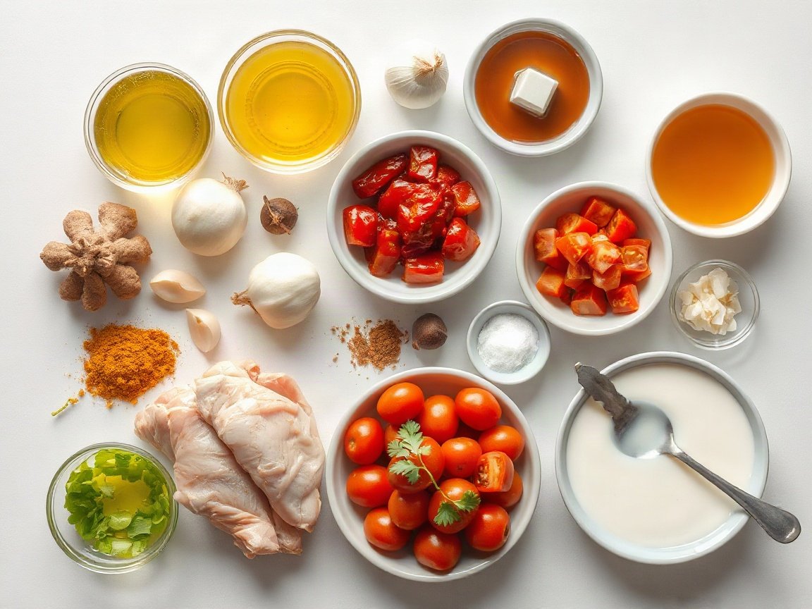 Ingredients for Leftover Chicken Curry: olive oil, onion, bell pepper, garlic, fresh ginger, curry powder, turmeric, tomato paste, honey, diced tomatoes, chicken broth, cooked chicken, coconut milk, salt, crushed red pepper and cilantro