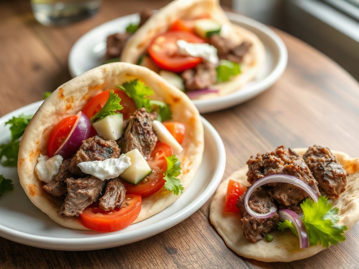Leftover Lamb Gyros for Two (with Quick Tzatziki) 5 Leftover Lamb Gyros plated as two servings, close-up