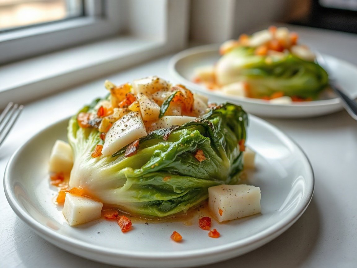 Melting Cabbage Recipe for Two (Garlic Parmesan) 5 Garlic Parmesan Melting Cabbage plated as two servings, close-up