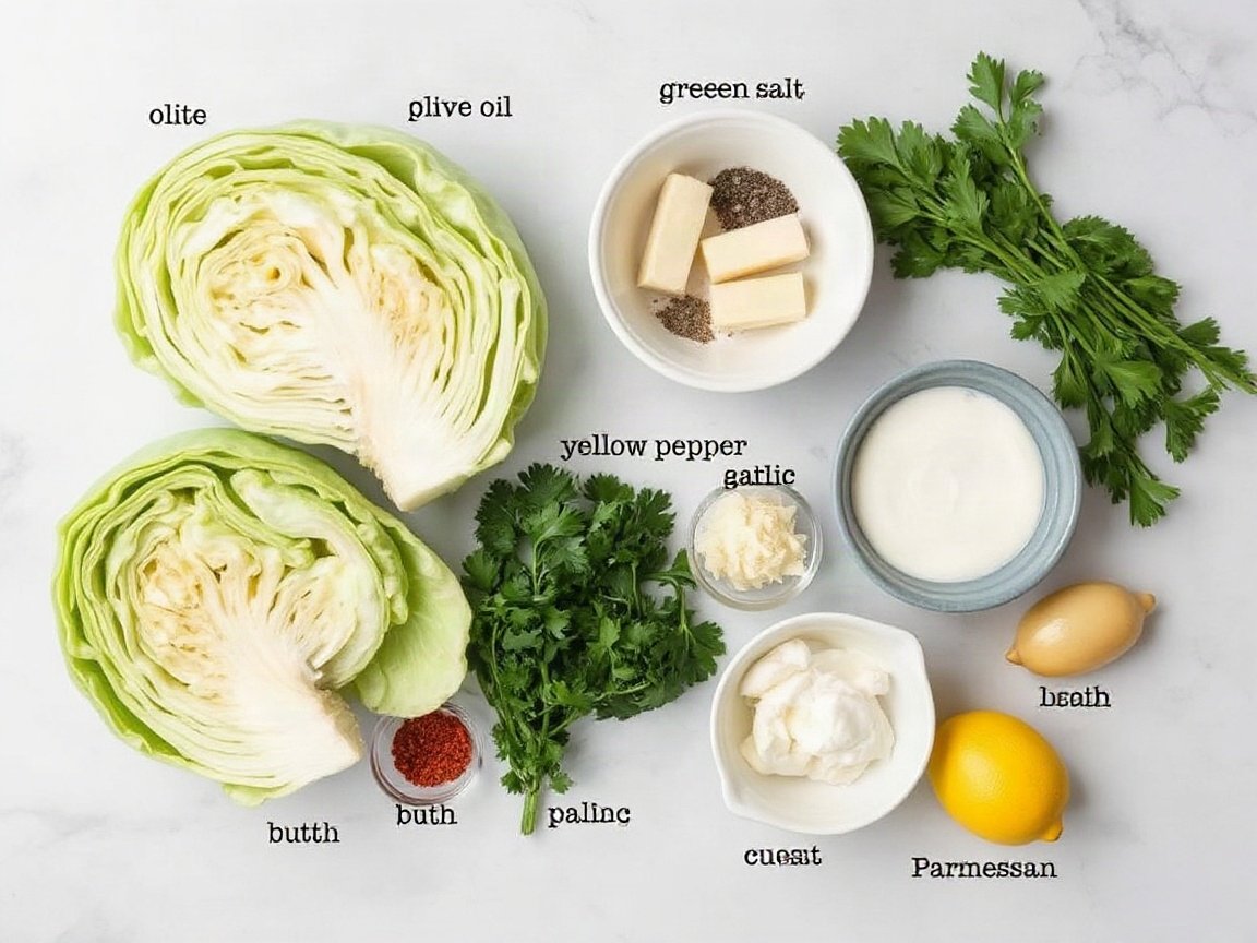 Melting Cabbage Recipe for Two (Garlic Parmesan) 4 Ingredients for Garlic Parmesan Melting Cabbage: green cabbage, olive oil, kosher salt, black pepper, butter, yellow onion, garlic, Italian seasoning, red pepper flakes, broth, heavy cream, Parmesan, lemon juice and parsley