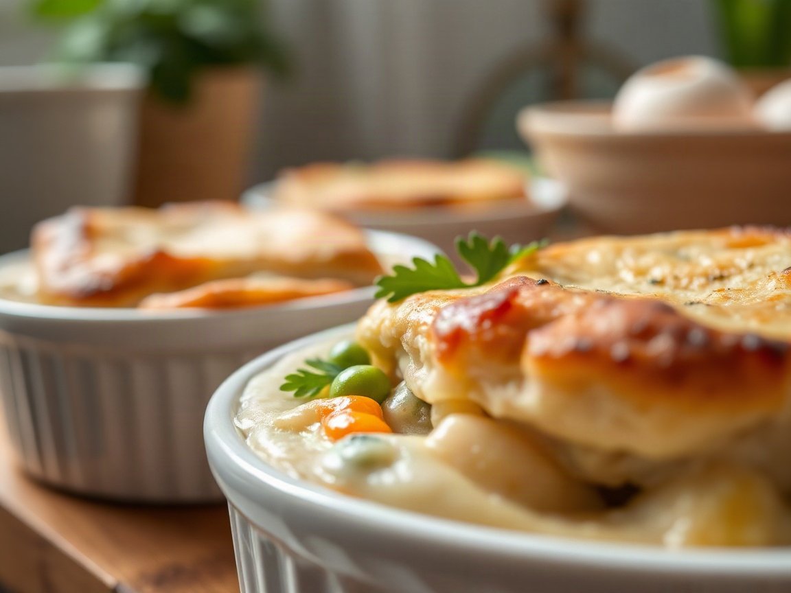 Mini Chicken Pot Pies for Two (Puff Pastry) 5 Mini Chicken Pot Pies served as two portions, close-up