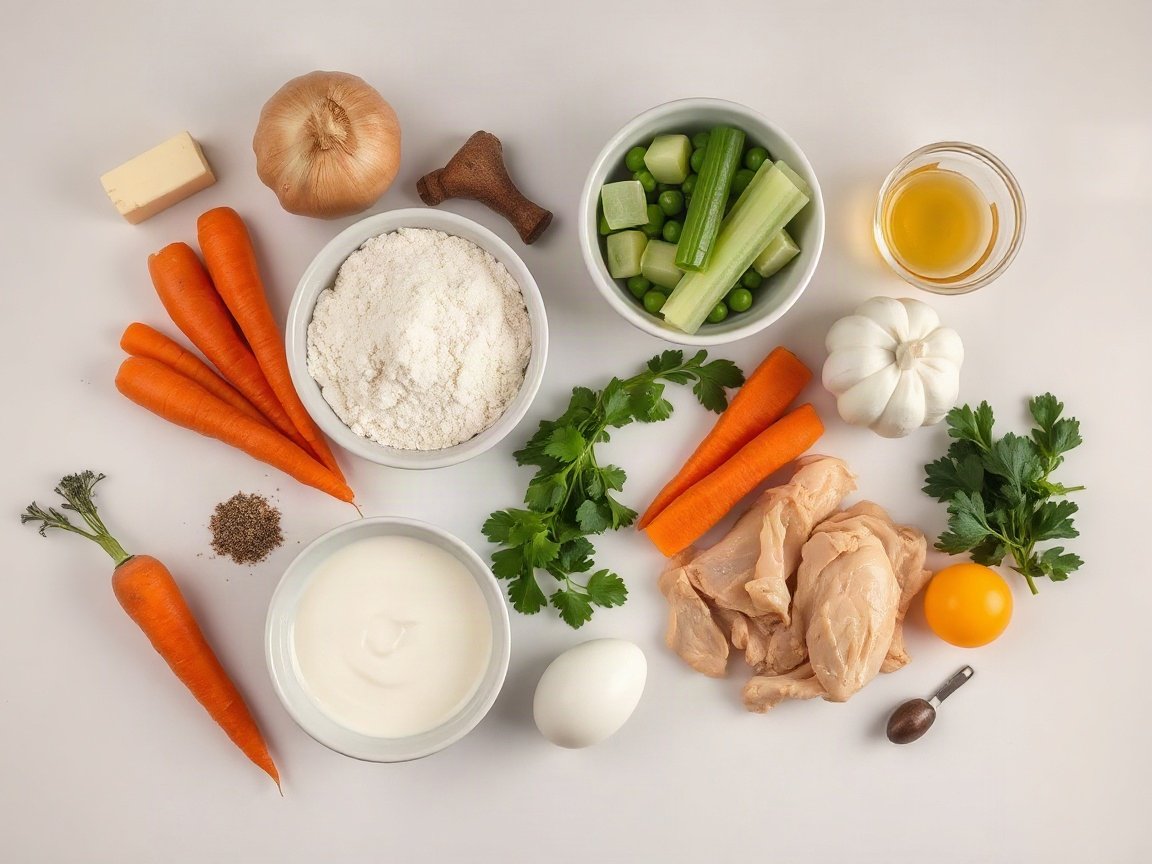 Mini Chicken Pot Pies for Two (Puff Pastry) 4 Ingredients for Mini Chicken Pot Pies: butter, onion, poultry seasoning, fresh thyme, carrot, celery, garlic, flour, chicken stock, cooked chicken, heavy cream, frozen peas, parsley, salt and pepper, puff pastry and egg