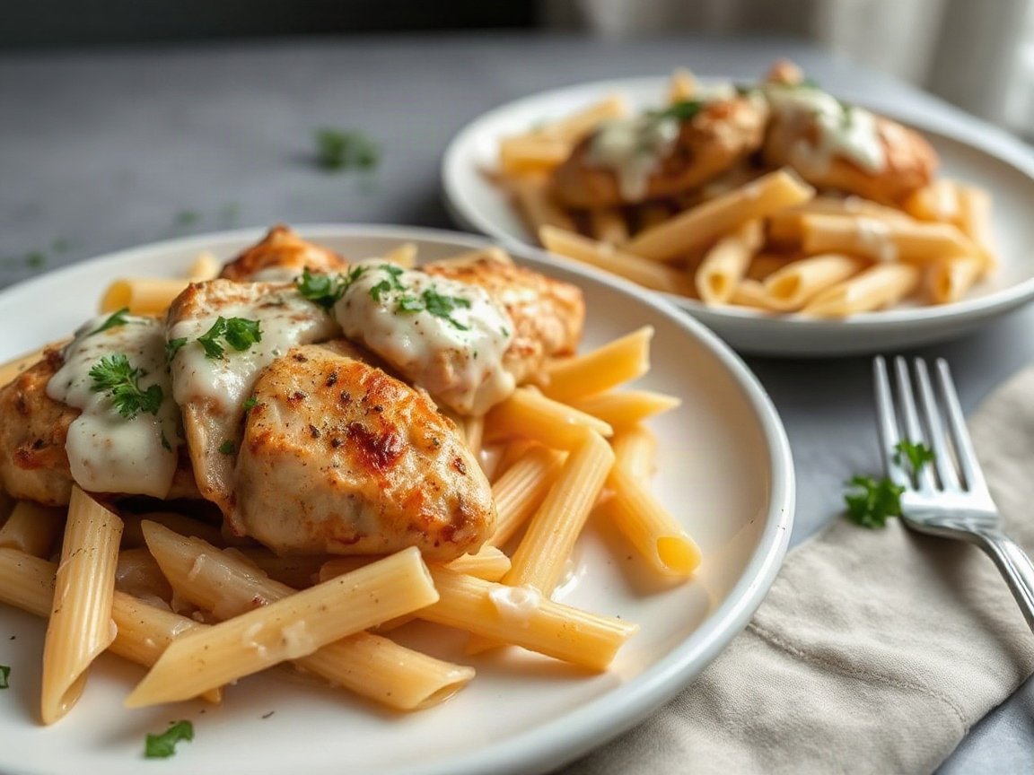 One Pot Chicken Alfredo plated as two servings, close-up