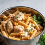 One Pot Chicken Alfredo, fully cooked and ready to serve for two