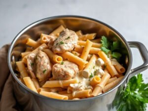 One Pot Chicken Alfredo, fully cooked and ready to serve for two
