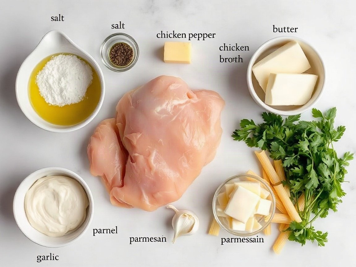 Ingredients for One Pot Chicken Alfredo: chicken breast, salt, black pepper, olive oil, butter, garlic, chicken broth, heavy cream, penne, Parmesan and parsley