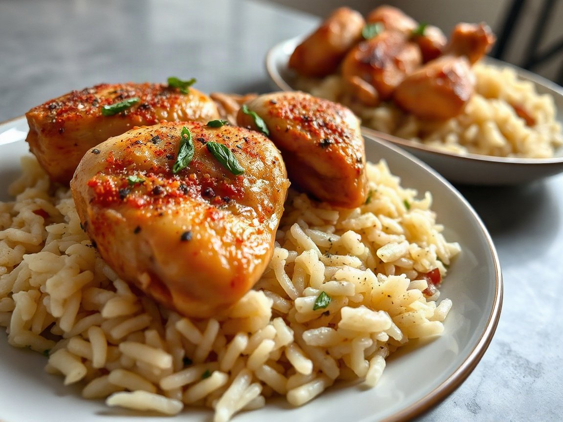 One Pot Chicken and Rice plated as two servings, close-up