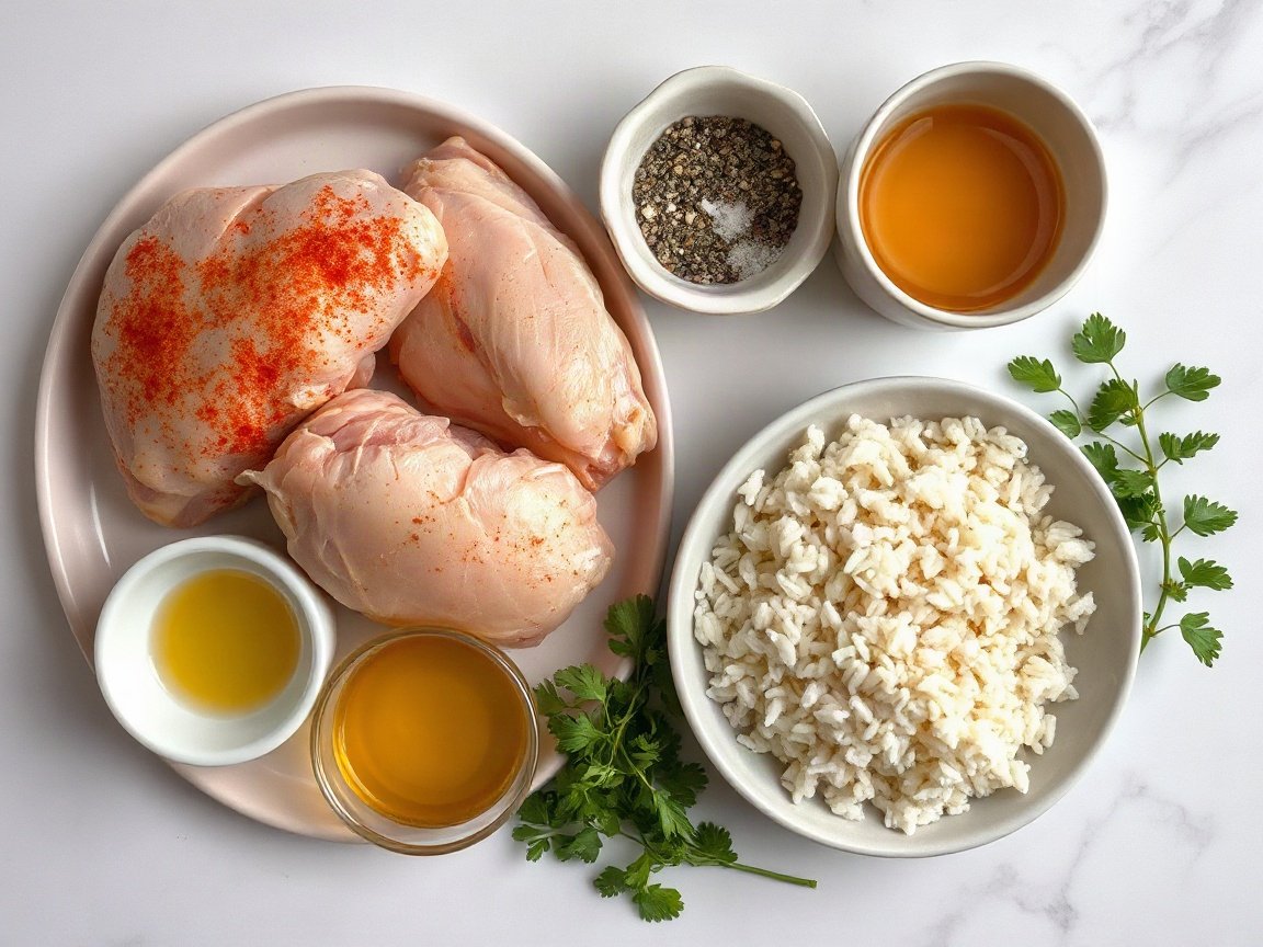 Ingredients for One Pot Chicken and Rice: boneless skinless chicken thighs, paprika, dried oregano, dried thyme, garlic powder, fine salt, black pepper, olive oil, yellow onion, long-grain white rice, low-sodium chicken broth and fresh parsley