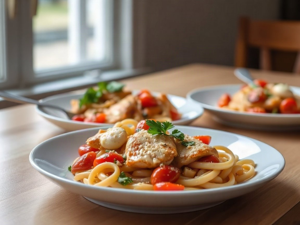 One Pot Chicken Pasta for Two (Creamy Tomato) plated as two servings, close-up