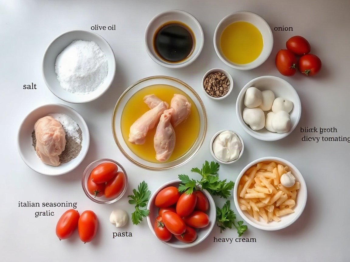 Ingredients for One Pot Chicken Pasta for Two (Creamy Tomato): chicken breast, salt, black pepper, olive oil, onion, garlic, Italian seasoning, chicken broth, diced tomatoes, heavy cream, pasta, Parmesan, mozzarella and parsley