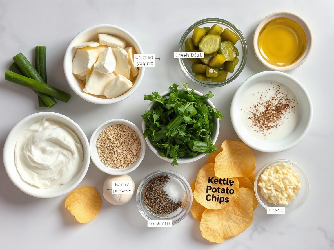 Ingredients for Pickle Dip: cream cheese, Greek yogurt, sour cream, chopped dill pickles, pickle brine, fresh dill, green onion, garlic powder, onion powder, black pepper and kettle potato chips