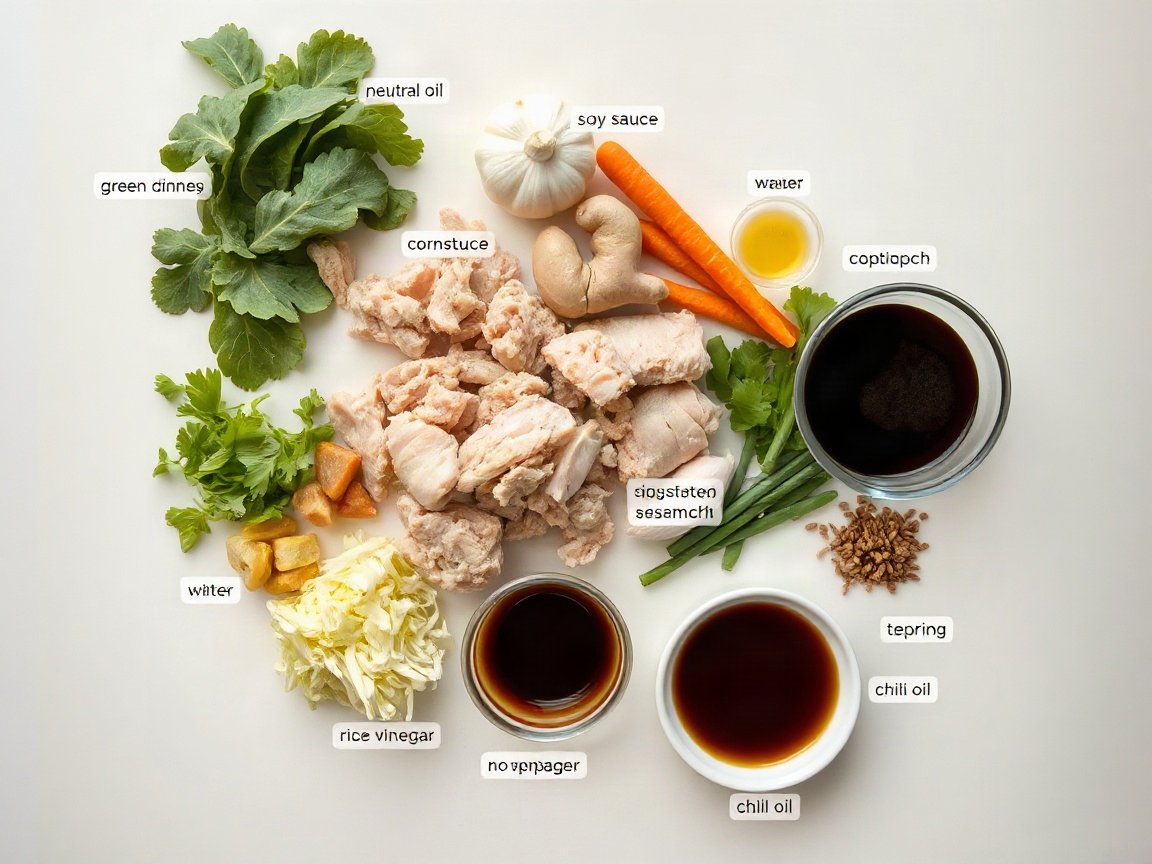 Ingredients for Crispy Rice Paper Dumplings: ground chicken, neutral oil, green cabbage, carrot, green onions, garlic, ginger, soy sauce, cornstarch, water, sesame oil, pepper, rice paper, soy sauce for dipping, rice vinegar, sugar and chili oil