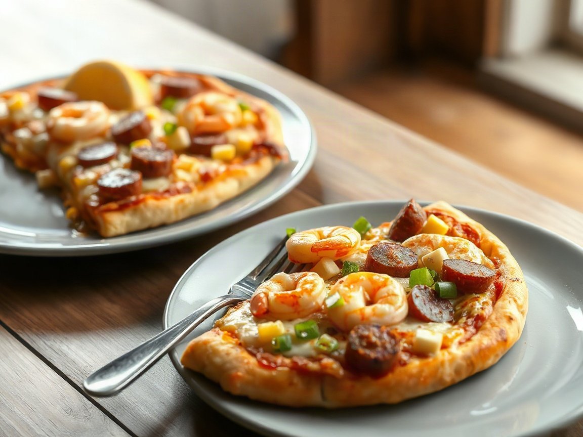 Seafood Boil Pizza for Two (Shrimp, Sausage and Corn) 5 Seafood Boil Pizza plated as two servings, close-up