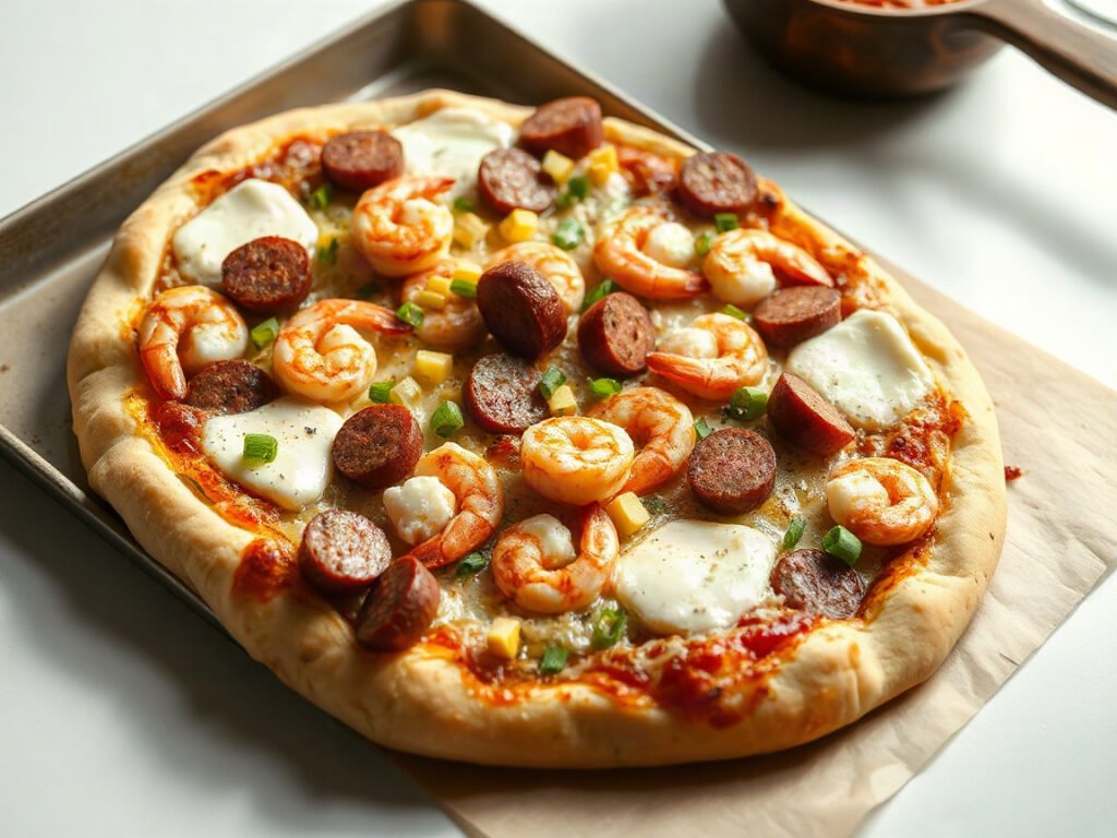 Seafood Boil Pizza, fully cooked and ready to serve for two