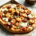 Seafood Boil Pizza for Two (Shrimp, Sausage and Corn) 6 Seafood Boil Pizza, fully cooked and ready to serve for two