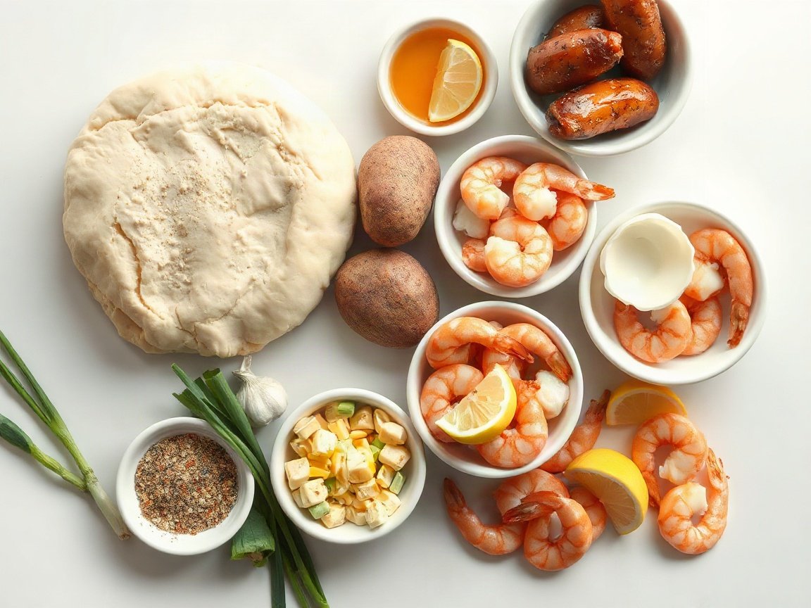 Seafood Boil Pizza for Two (Shrimp, Sausage and Corn) 4 Ingredients for Seafood Boil Pizza: pizza dough, cornmeal, butter, potato, smoked sausage, shrimp, Old Bay seasoning, garlic, lemon juice, mozzarella, corn kernels, green onion and lemon wedges